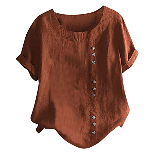 TUDUZ Blusas Mujer Manga Corta Verano Lino Camisas O-Cuello Botón Tops Tamaño M-5XL (MarróN.b, M)