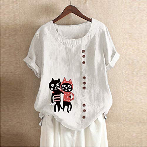 TUDUZ Blusas Mujer Manga Corta Verano Lino Camisas O-Cuello Botón Tops Tamaño S-5XL (Blanco.h, XL)