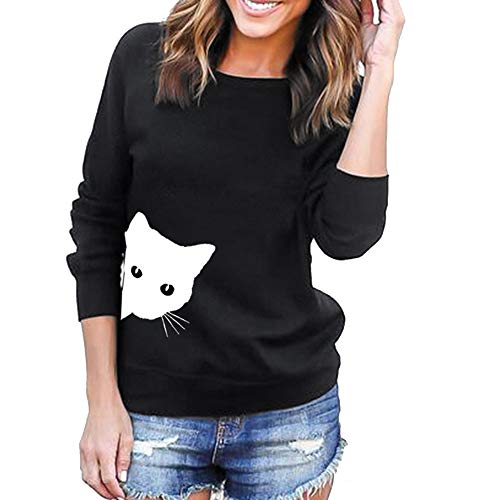 TUDUZ Sudaderas Sin Capucha Mujer Manga Larga Tops Estampado De Gato Camisas (Negro, S)