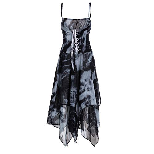 TUDUZ Vestido Manga Corta Verano Irregular de la Moda de Encaje hasta Corsé Blusa Pañuelo Dobladillo Vestido (Negro, XL)