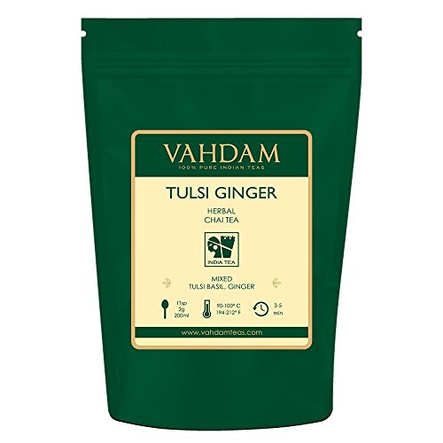 Tulsi Basil Ginger Chai hojas de té de la India(100 tazas),100% NATURAL- Alivio del estrés, refrescante y energizante Hoja suelta de té de hierbas - Deliciosa mezcla de té de jengibre y té Tulsi,200gm
