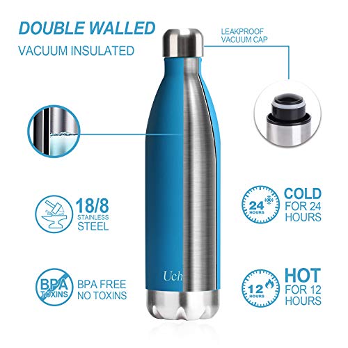 Uchrolls Botella de Agua aislada al vacío de Acero Inoxidable, 500ml, diseño de Pared Doble para Mantener Sus Bebidas Caliente y Fría, BPA Gratis, Ideal Botella de Agua Deportiva (Lago Azul)