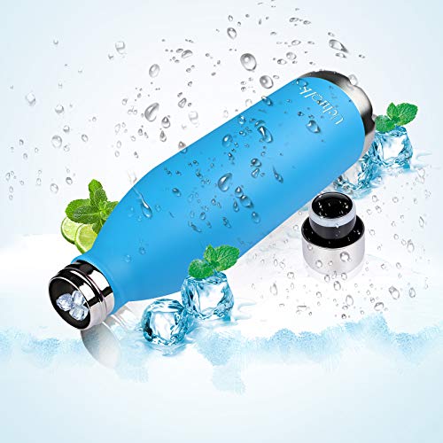 Uchrolls Botella de Agua aislada al vacío de Acero Inoxidable, 500ml, diseño de Pared Doble para Mantener Sus Bebidas Caliente y Fría, BPA Gratis, Ideal Botella de Agua Deportiva (Lago Azul)