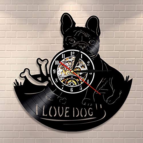 UIOLK Amo a los Perros Bulldog francés Reloj de Pared Raza de Perro Bulldog Disco de Vinilo Reloj Animal Mascota decoración del hogar Cachorro Perro Regalo Arte Vintage