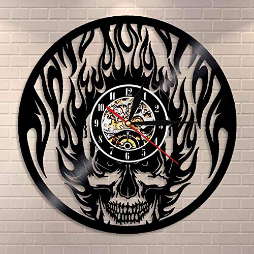 UIOLK Reloj de Pared con Calavera llameante, Discos de Vinilo con Cabeza de Calavera en el Reloj de Pared de Fuego, Reloj de decoración de Halloween con Huesos ardientes de Fuego