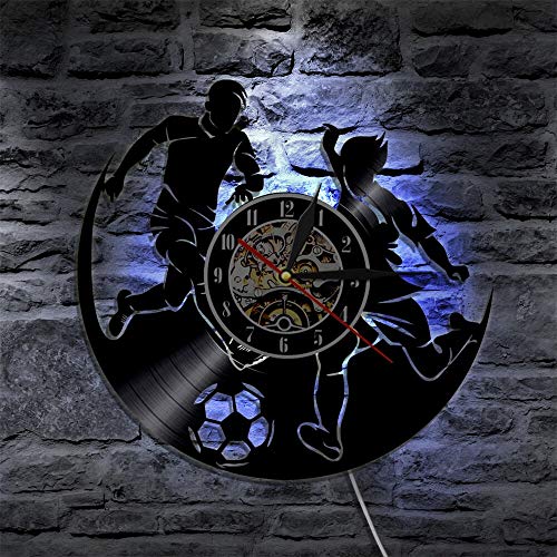 UIOLK Reloj de Pared con Registro de Vinilo con Silueta LED de Partido de fútbol para Hombre y Reloj de Pared con retroiluminación LED para Jugador de fútbol