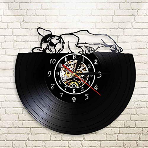 UIOLK Reloj de Pared francés Hecho de Discos de Vinilo Lindo Bulldog francés soñoliento Animal Tienda de Mascotas decoración para Perros