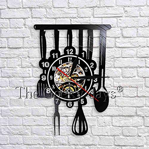 UIOLK Reloj de Pared para Cocina Reloj Art Deco Reloj de Pared para Utensilios de Cocina Creativo Diseño de Vinyl Record House Reloj de Pared