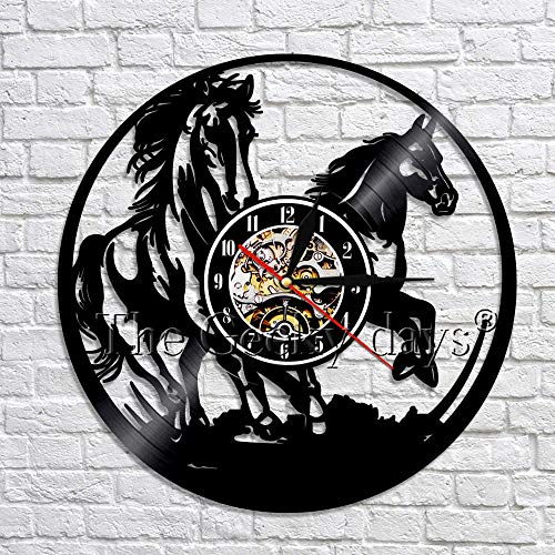 UIOLK Reloj de Pared para Montar a Caballo, Reloj de Pared con Disco de Vinilo, Mural de Arte Animal, Reloj de casa de guardería, Reloj de Pared 3D, Mural
