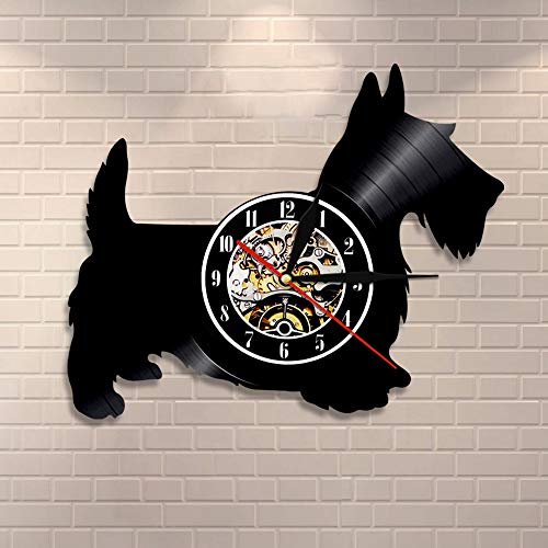 UIOLK Reloj de Pared para Perro Scottie Terrier escocés, Reloj de Pared con Registro de Vinilo para Perro, decoración del hogar para Cachorros, Regalo para Amantes de los Perros