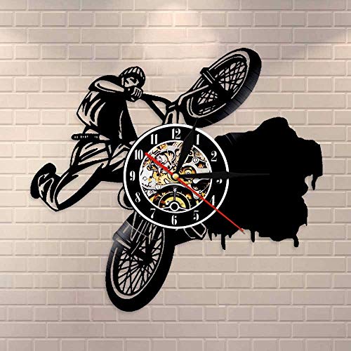 UIOLK Ride Extreme Bike Reloj de Pared BMX Bike Disco de Vinilo Reloj de Pared Dirt Bike Track Racing decoración para el hogar Stunt Bike Rider Regalo