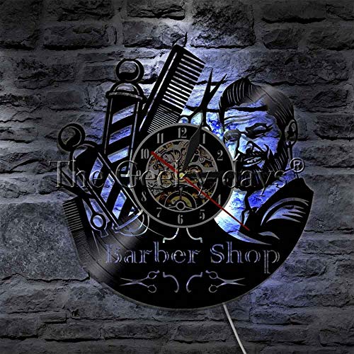 UIOLK Signo de barbería Reloj de Pared de Pared LED luz Colgante Disco de Vinilo Reloj de Pared salón de peluquería Herramientas de peluquería iluminación Decorativa
