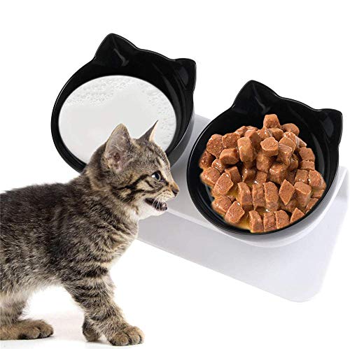 UKKRW Comedero para Gatos con Plataforma Inclinada 15 °, comedero Gato antivomito，comedero para Gatos Doble con Soporte Elevado, Adecuado para Gatos y Cachorros-re