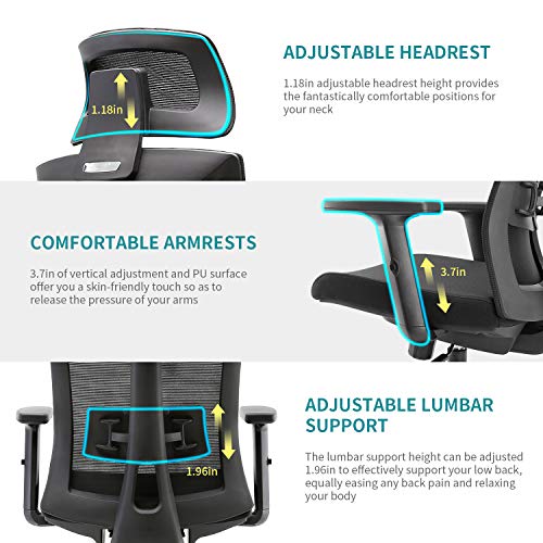 Umi. by Amazon - Silla Oficina, Silla de Escritorio ergonómica y giratoria de Malla con Soporte Lumbar Regulable y reposabrazos de Poliuretano y Asiento Acolchado; Carga máxima de 150 kg/330LB