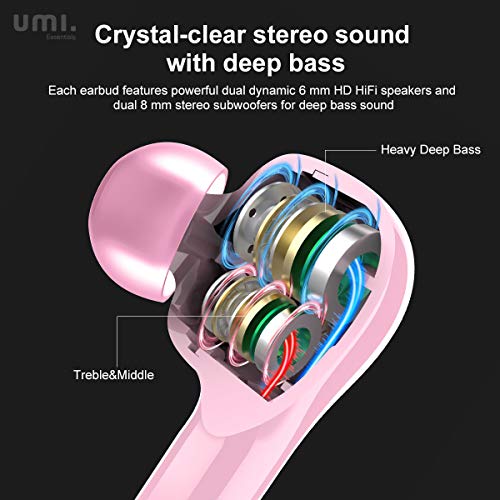 Umi. Essentials - Auriculares de botón inalámbricos (TWS) W8 con Bluetooth 5.0 y certificación IPX7 compatibles con iPhone Samsung Huawei y Estuche metálico con Base de Carga (Rosa)