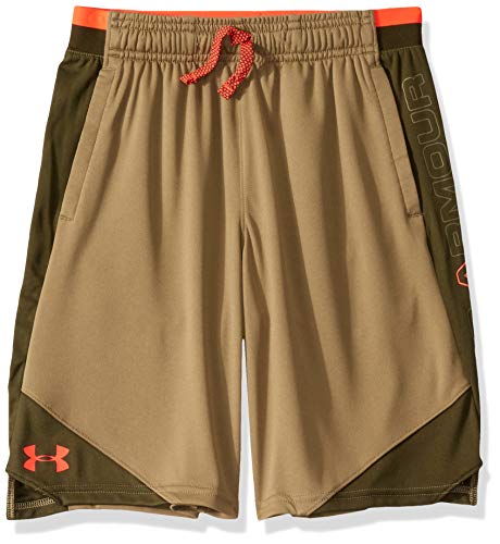 Under Armour Stunt 2.0 - Pantalones Cortos para niño, Stunt 2.0 Workout Gym - Pantalones Cortos, Niños, Color Outpost Green (331)/Beta Red, tamaño Small