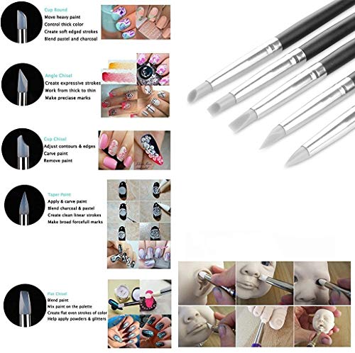 UNHO 5PCS Set de Pinceles Uñas Silicona Profesional Nail Art Pintura Tallado de Silicona para Mujer Uñas bricolaje DIY Pintura para el Diseño de Uñas Negro