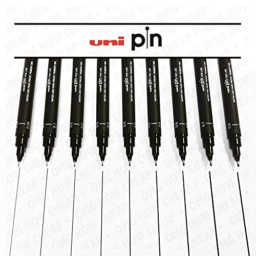 Uni Pin Fineliner Plumilla - Completo Set Of 9 Niveles - Tinta Negra