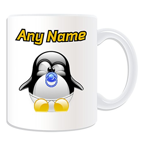 UNIREGALO - Taza de bebé (diseño de pingüino en color blanco), mensaje de nombre único tonto divertido novedad recién nacido felicitaciones chupete chupete chupete chupete bebé