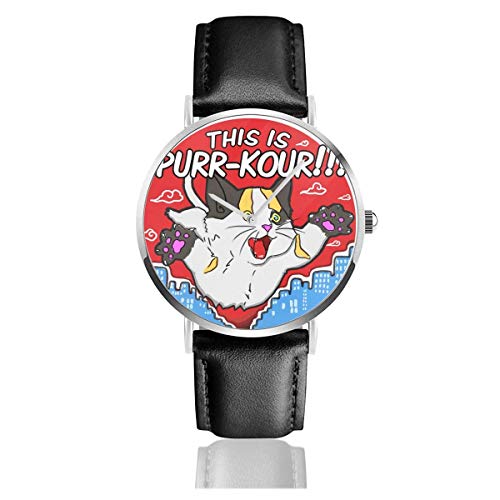 Unisex This is Purr Kour Cat Parkour Free Running Watches Reloj de Cuero de Cuarzo con Correa de Cuero Negro