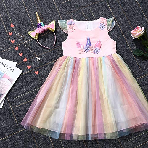 URAQT Disfraz de Princesa, Traje del Vestido Traje de Princesa de la Nieve Vestido Infantil Disfraz de Princesa de Niñas para Frozen Themed Fiesta Cumpleaños Navidad Halloween Arcoiris 110 cm