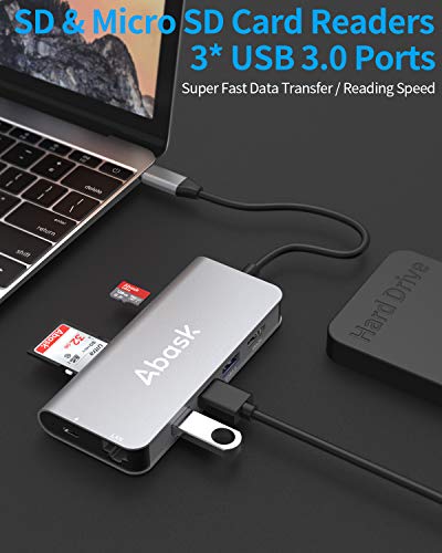 USB C Hub 8 en 1, Abask Adaptador USB C con 4K HDMI, Puerto Gigabit Ethernet, 3 Puertos USB 3.0, Lector Tarjetas SD/TF, 100W Power Delivery Carga, Compatible con Macbook Pro, DELL XPS, Chromebook, etc