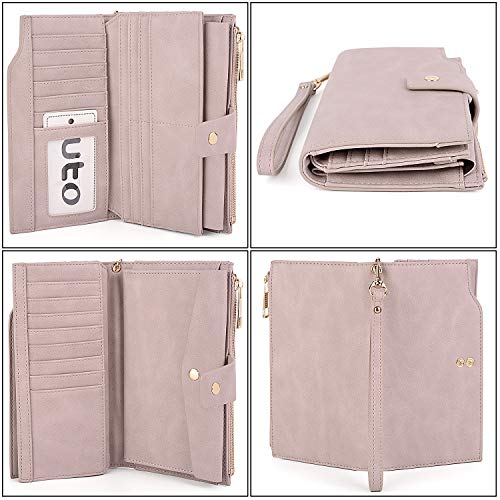 UTO - Mujer Cartera de Bloqueo de RFID PU Cuero Monedero Largo 21 Ranuras para Tarjetas Monedero Gran Capacidad Bolsillo para Móvil Rosa Claro