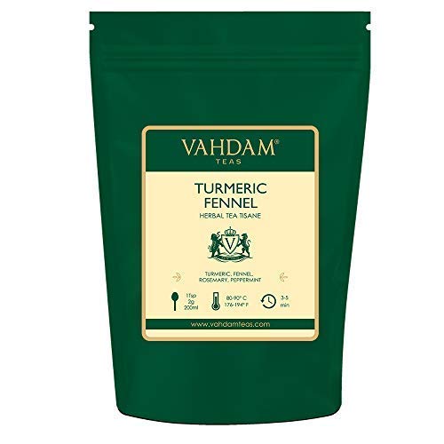 VAHDAM, Té de Hierbas de Hinojo de Cúrcuma, Hojas Sueltas (100 tazas), 200g | infusiones para adelgazar |Mezcla de té de cúrcuma y hinojo