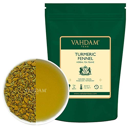 VAHDAM, Té de Hierbas de Hinojo de Cúrcuma, Hojas Sueltas (100 tazas), 200g | infusiones para adelgazar |Mezcla de té de cúrcuma y hinojo