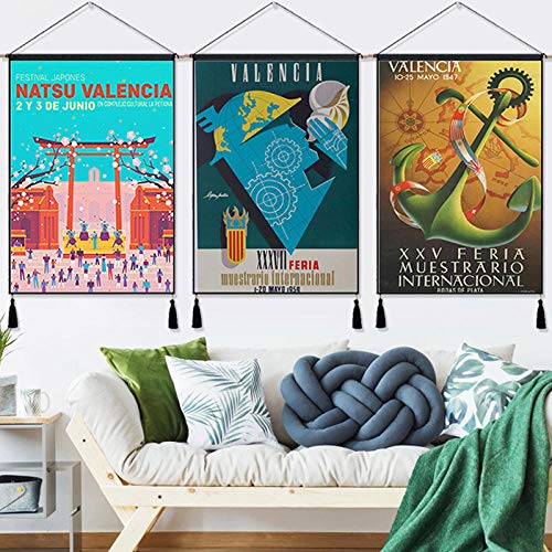 Valencia Football City of Spain Vintage Travel Hanging Cloth Cotton Line Paintings Poster Home Decor Wall Hanging Tapestry Gift-Los 45X65cm_Verde