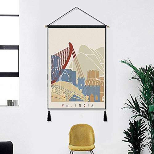 Valencia Football City of Spain Vintage Travel Hanging Cloth Cotton Line Paintings Poster Home Decor Wall Hanging Tapestry Gift-Los 45X65cm_Verde