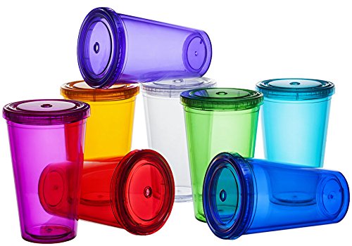 Vasos de plástico de doble pared Vasos para beber Vasos con tapas Batido de paja Jugo Café Café helado Ecológico notrash2003 (Transparente)