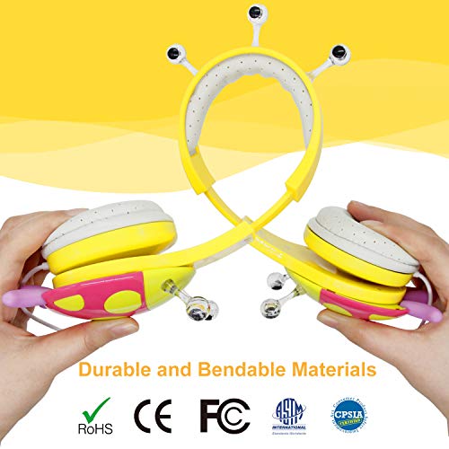 VCOM Auriculares con Cable para niños, Auriculares estéreo sobre la Oreja con diseño de Mariquita Que limita el Volumen para niños, Compatible para PC portátil iPad iPhone tabletas Kindle (Amarillo)