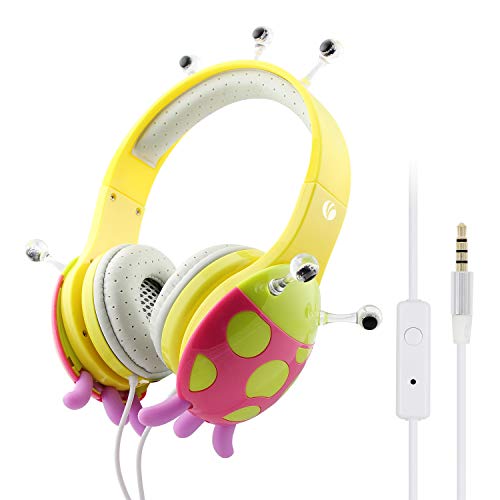VCOM Auriculares con Cable para niños, Auriculares estéreo sobre la Oreja con diseño de Mariquita Que limita el Volumen para niños, Compatible para PC portátil iPad iPhone tabletas Kindle (Amarillo)