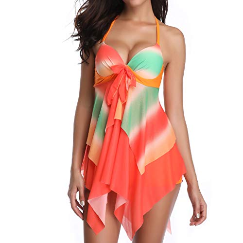 VECDY Bañador Push Up Traje De Baño De 2 Piezas De Gran Tamaño, con Cintura Alta Y Color A Juego Conservador, con Falda De Baño Impresa(Naranja,XXL)