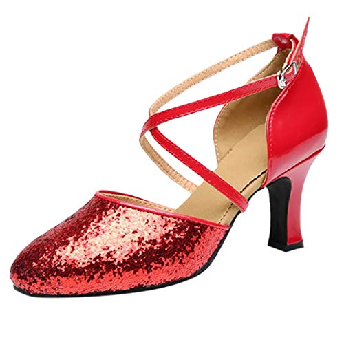 VECDY Zapatos De Baile Cuadrados,Rumba Waltz Prom Ballroom, Zapatos De Baile De Salsa Latina, Moda Calzados De Fiesta 2019 Blingbling Zapatos Mujer con Lentejuales(Rojo, EU=39)