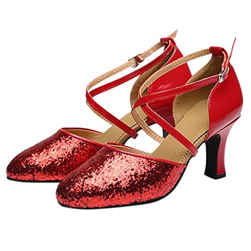 VECDY Zapatos De Baile Cuadrados,Rumba Waltz Prom Ballroom, Zapatos De Baile De Salsa Latina, Moda Calzados De Fiesta 2019 Blingbling Zapatos Mujer con Lentejuales(Rojo, EU=39)