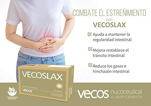 Vecoslax para ayudar con el estreñimiento ocasional – Suplemento alimenticio con efecto laxante para contribuir en la regularidad intestinal para ir al baño– Aloe Vera, frángula y hojas de sen – 30cáp