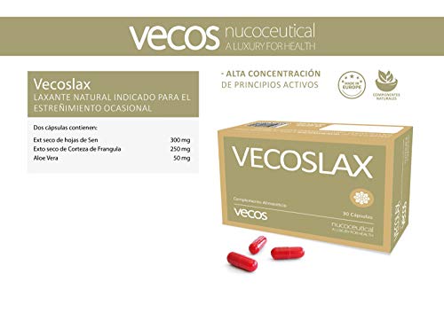 Vecoslax para ayudar con el estreñimiento ocasional – Suplemento alimenticio con efecto laxante para contribuir en la regularidad intestinal para ir al baño– Aloe Vera, frángula y hojas de sen – 30cáp