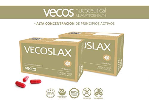 Vecoslax para ayudar con el estreñimiento ocasional – Suplemento alimenticio con efecto laxante para contribuir en la regularidad intestinal para ir al baño– Aloe Vera, frángula y hojas de sen – 30cáp