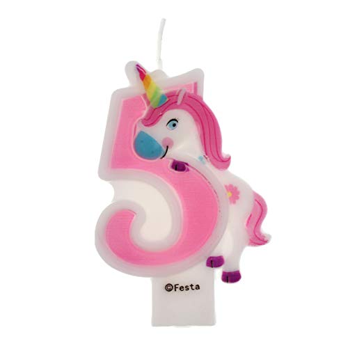 Velas de Cumpleaños Diseño Unicornio de 9cm, Adecuadas para fiesta de Cumpleaños para Niños Niñas Color Rosa blanca Numero 5