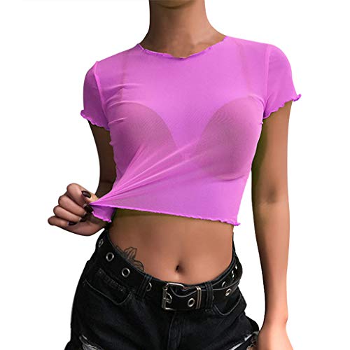 VEMOW Camisetas Mujer Moda Fluorescente O-Cuello Manga Corta Malla Perspectiva Corto Ombligo Top(Púrpura,S)