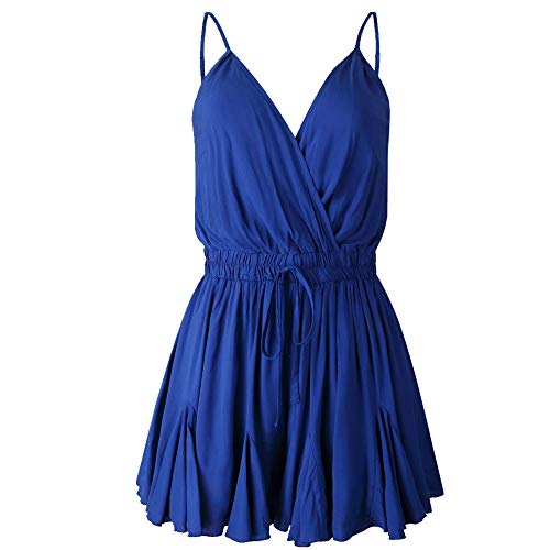 Verano de la moda de tirantes cuello en V sólido una línea de las mujeres mono Azul azul XXL