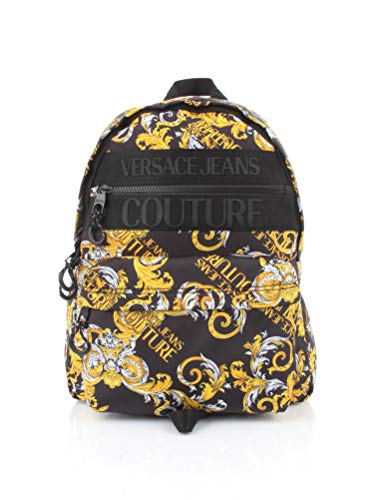 Versace Jeans Costura mochila negra con impresión oro E1YZAB60-Línea Macrologo DIS.1 TESS 71594 M27 PRINTED NYLON MACROLOGO