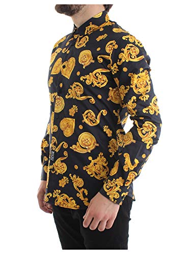 Versace Jeans Couture - Camisa de hombre negra con impresión dorada B1GVB6S2-VUM201 Slim Print Tess:S0771 899 Twill CO Print Joyas Negro
 50