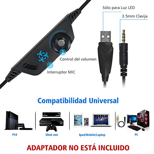 VersionTECH. Auriculares Gaming con Micrófono Aislante,Sonido Envolvente,Luz LED,Volumen Control,Para PC/Tableta/PSP/PS4/Móvil/Xbox One(Azul)