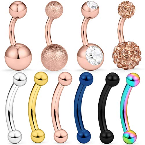VFUN 14G Piercing Ceja Anillo & Corto Piercing Ombligo Acero Inoxidable Mujer Piercing Curvados Ombligo Vientre Anillo CZ Barbell Joyería Piercing del Cuerpo 10 Piezas