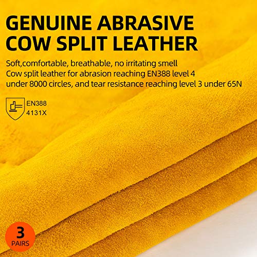 Vgo 3Pares Guantes de Trabajo de Cuero de Vacuno para Conductores, Jardinería, Almacenamiento, Trabajo Agrícola, Multifunción (Amarillo, Talla 9/L, CB9501)