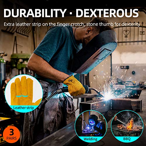 Vgo 3Pares Guantes de Trabajo de Cuero de Vacuno para Conductores, Jardinería, Almacenamiento, Trabajo Agrícola, Multifunción (Amarillo, Talla 9/L, CB9501)