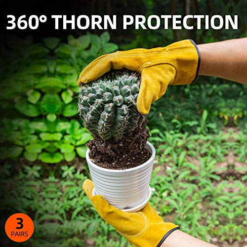 Vgo 3Pares Guantes de Trabajo de Cuero de Vacuno para Conductores, Jardinería, Almacenamiento, Trabajo Agrícola, Multifunción (Amarillo, Talla 9/L, CB9501)